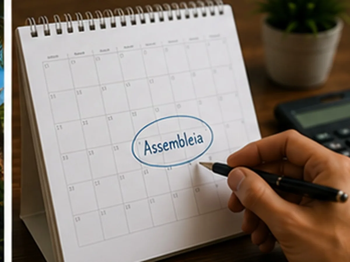 Sorteio do consórcio | Consórcios Cascavel Mão com caneta circulando a palavra assembleia num calendário de mesa, com calculadora e planta ao fundo