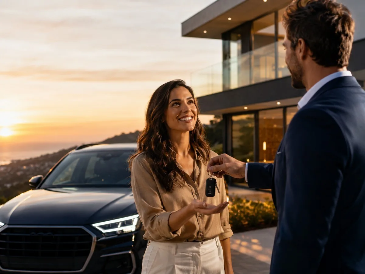 Lance livre no consórcio | Consórcios Cascavel Mulher sorridente recebe a chave de um carro preto de um homem de terno, diante de uma casa moderna ao entardecer