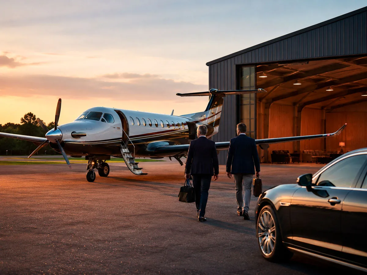 Consórcio de Avião Bimotor | Consórcios Cascavel Avião turboélice executivo em frente ao hangar ao entardecer: Consórcio de Avião Bimotor, em Cascavel no Paraná