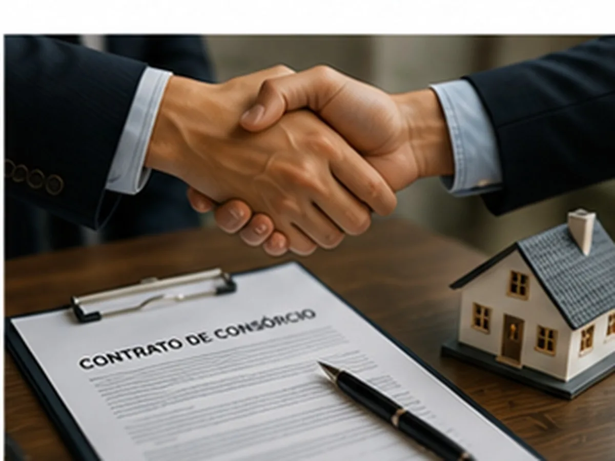 Quem pode usar FGTS no consórcio | Consórcios Cascavel Aperto de mãos sobre uma prancheta com contrato de consórcio, caneta e miniatura de casa na mesa