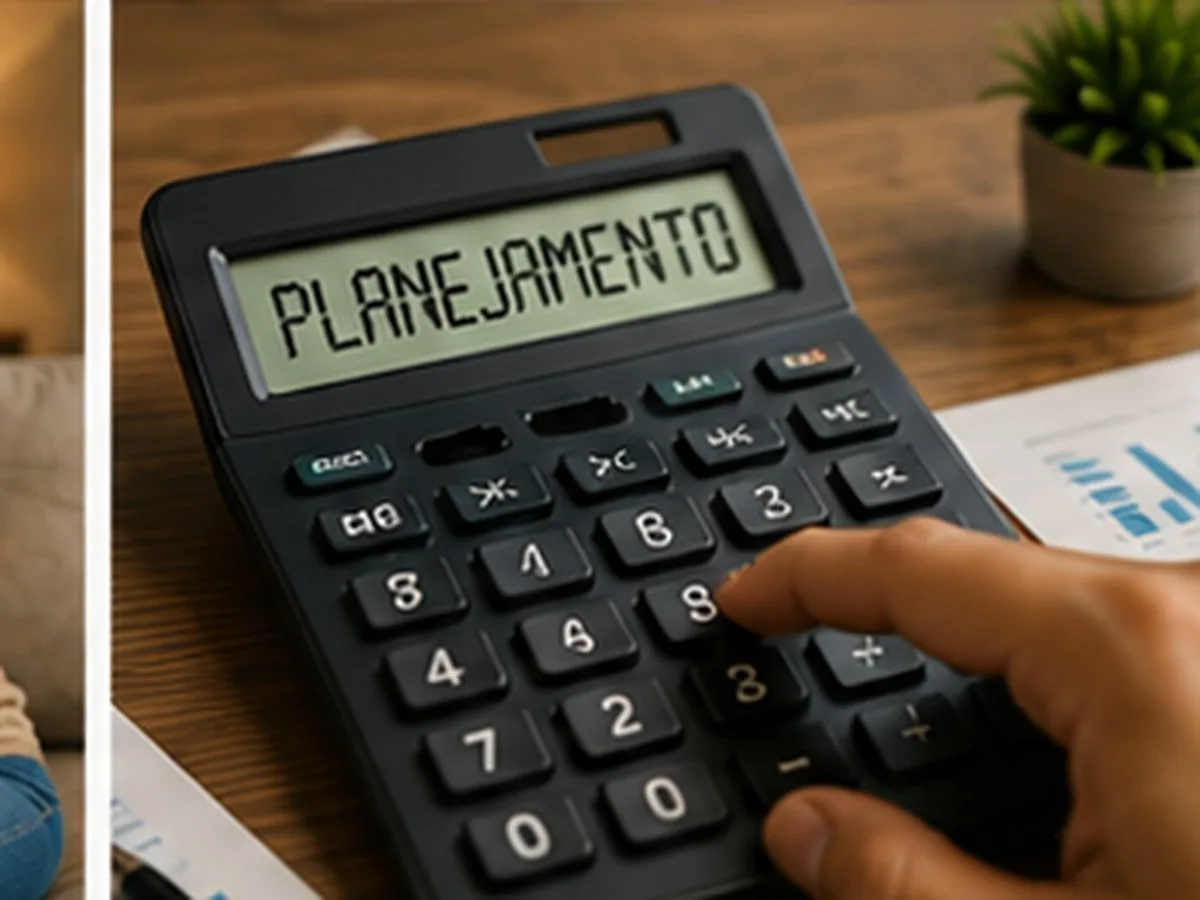 Consórcio com parcela reduzida | Consórcios Cascavel Mão digitando em calculadora com a palavra planejamento no visor, sobre mesa de madeira com papéis e um vaso de planta