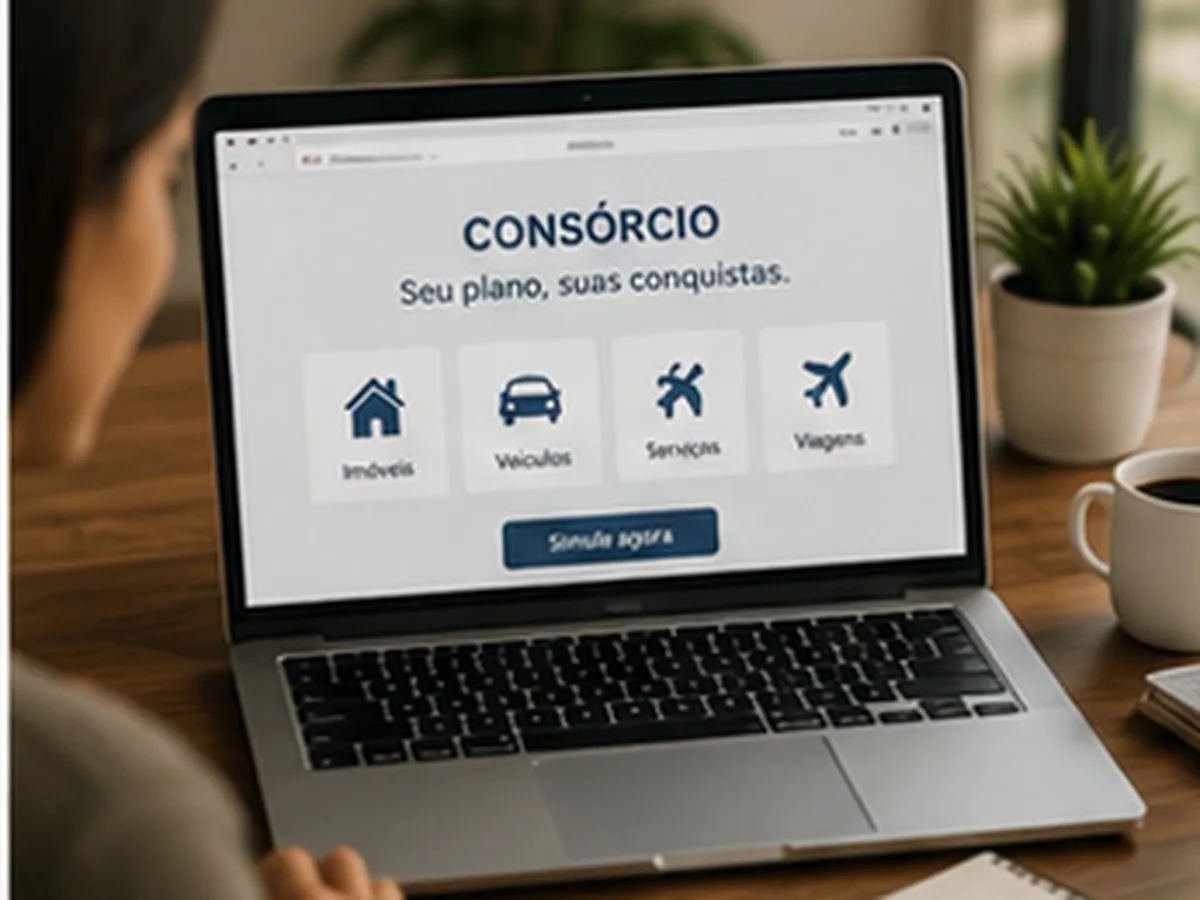 Notebook aberto num site de consórcio com ícones de imóveis, veículos, serviços e viagens, ao lado de xícara e planta